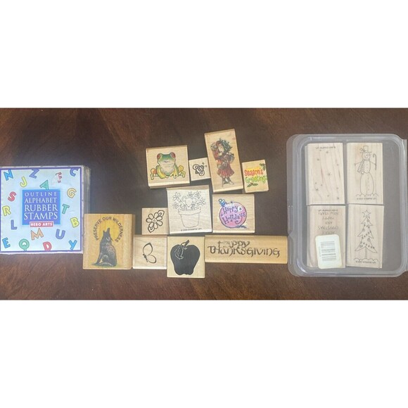 Lot of 15 Wood Mounted Rubber Stamps Holiday School + 30 Outline Alphabet Stamps - Picture 1 of 8